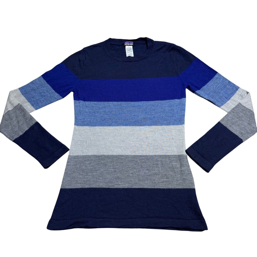 Patagonia Merino Wool Sweater Crew Neck Knit Blue Stripe Women M